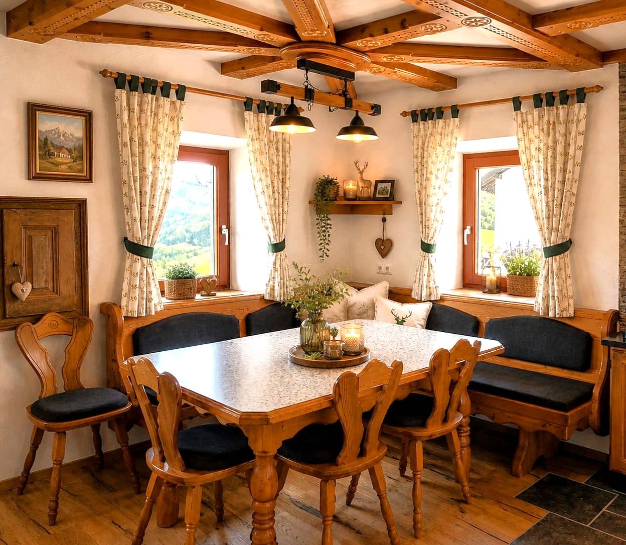 Gemütliche Essnische mit Holzmöbeln und dekorativen Vorhängen in einem traditionellen Stil.