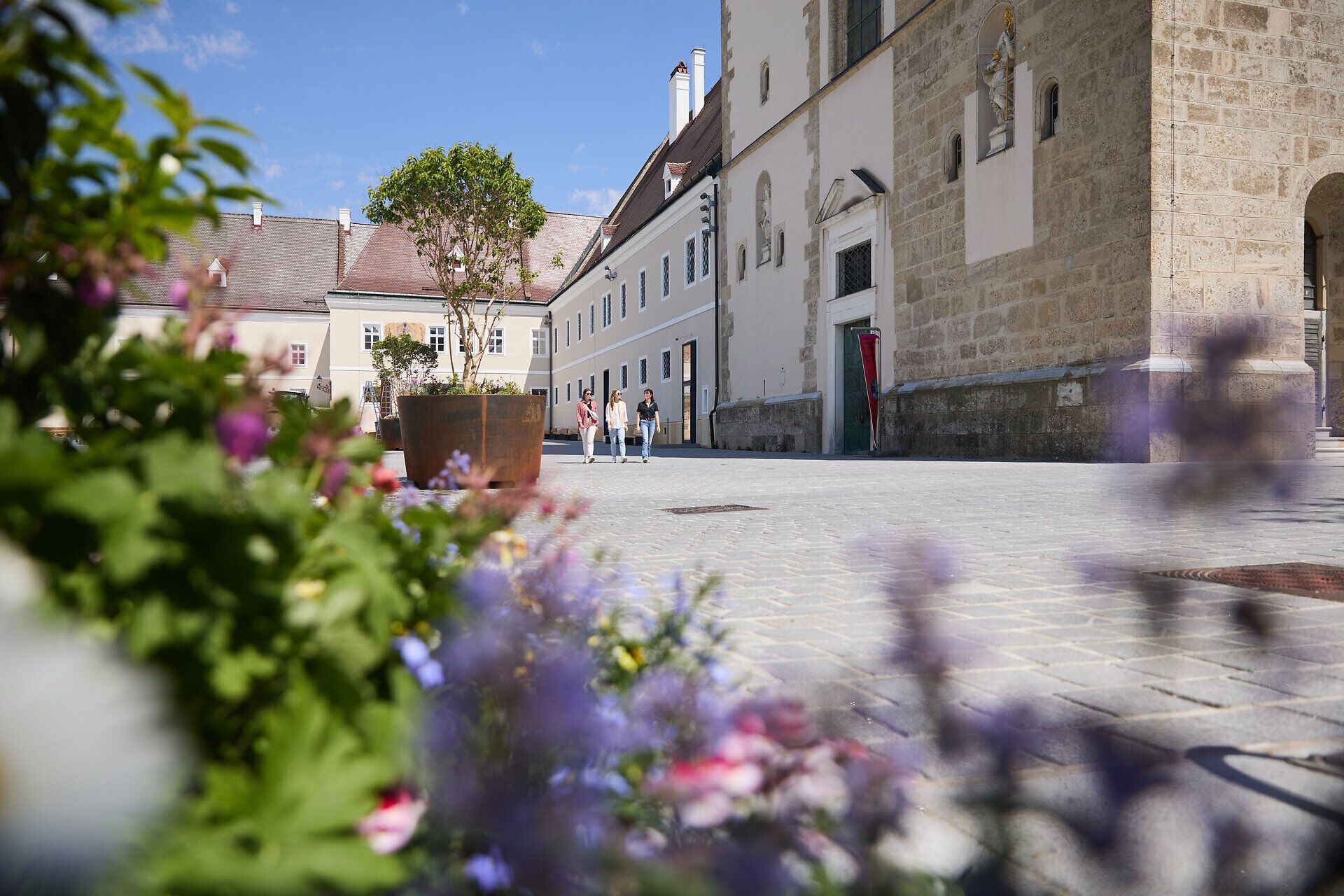 In der malerischen Kulisse des Regierungsviertels entfaltet sich eine harmonische Atmosphäre, in der sich historische Architektur und blühende Pflanzen vereinen. Die sanften Farben der Blumen im Vordergrund laden dazu ein, einen Moment der Ruhe und Besinnung zu genießen, während die Sonne über den charmanten Gebäuden strahlt.