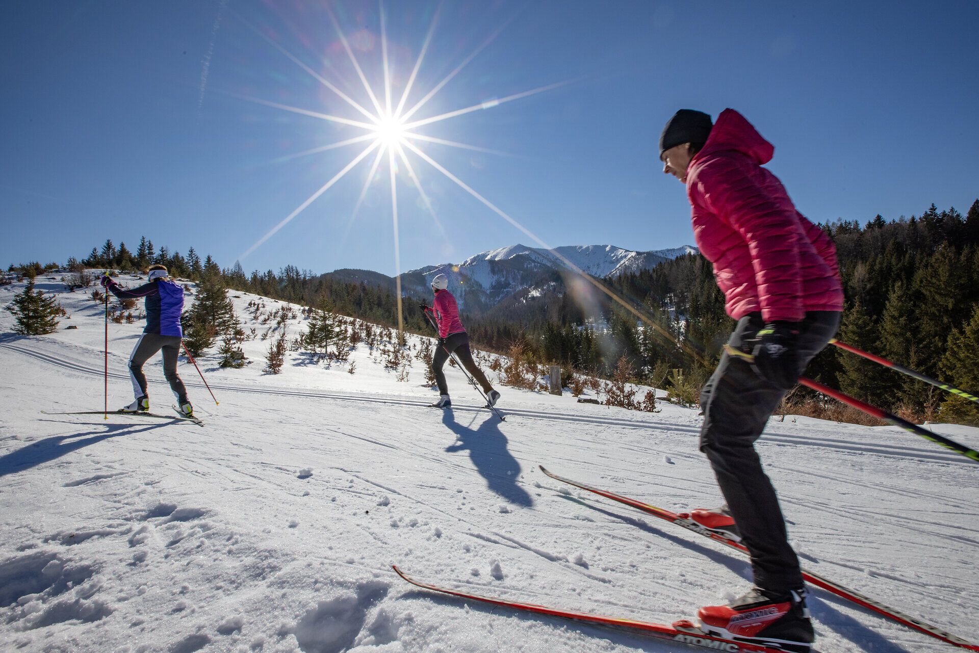 Die glitzernde Schneedecke erstreckt sich unter einem strahlend blauen Himmel, während begeisterte Langläufer in harmonischem Rhythmus durch die winterliche Landschaft gleiten. Die frische, klare Luft und die majestätischen Berge im Hintergrund schaffen eine unvergessliche Atmosphäre für alle Wintersportliebhaber.