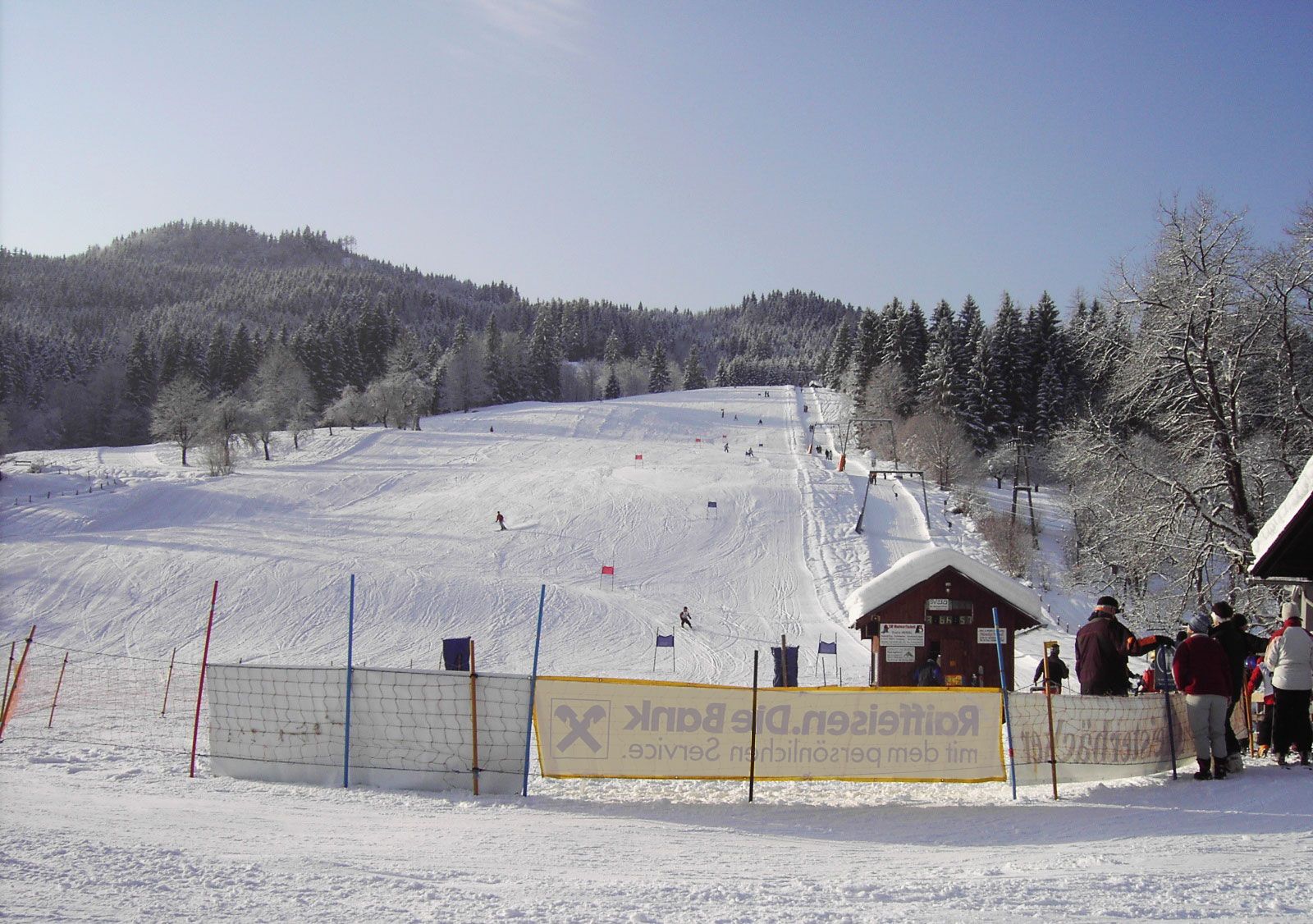 Skigebiet mit Piste, Skifahrern und Wald im Hintergrund.
