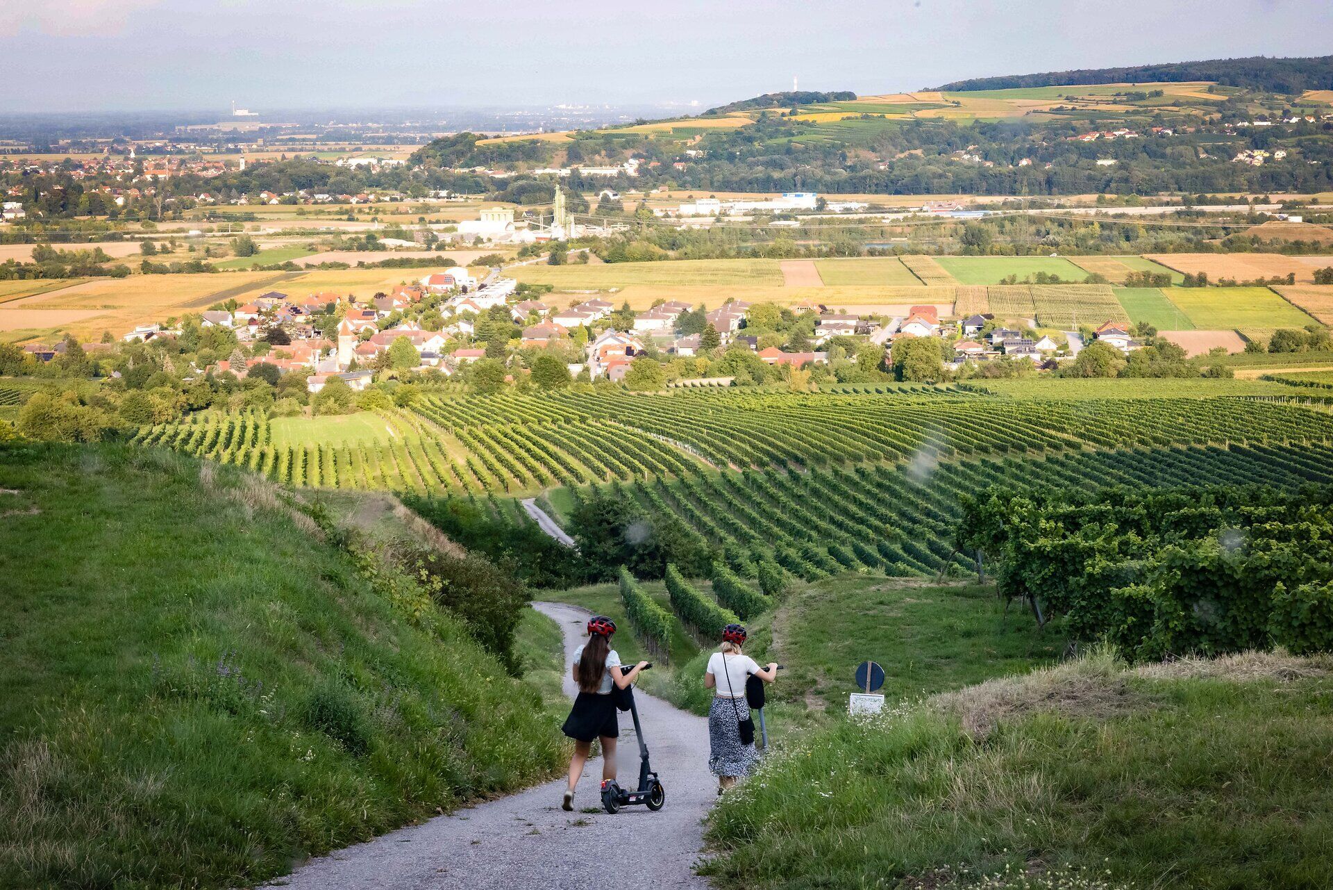 Zwei Frauen spazieren entlang einer Straße zwischen den Weinfeldern mit Blick auf einen Ort und weiten Weinfeldern