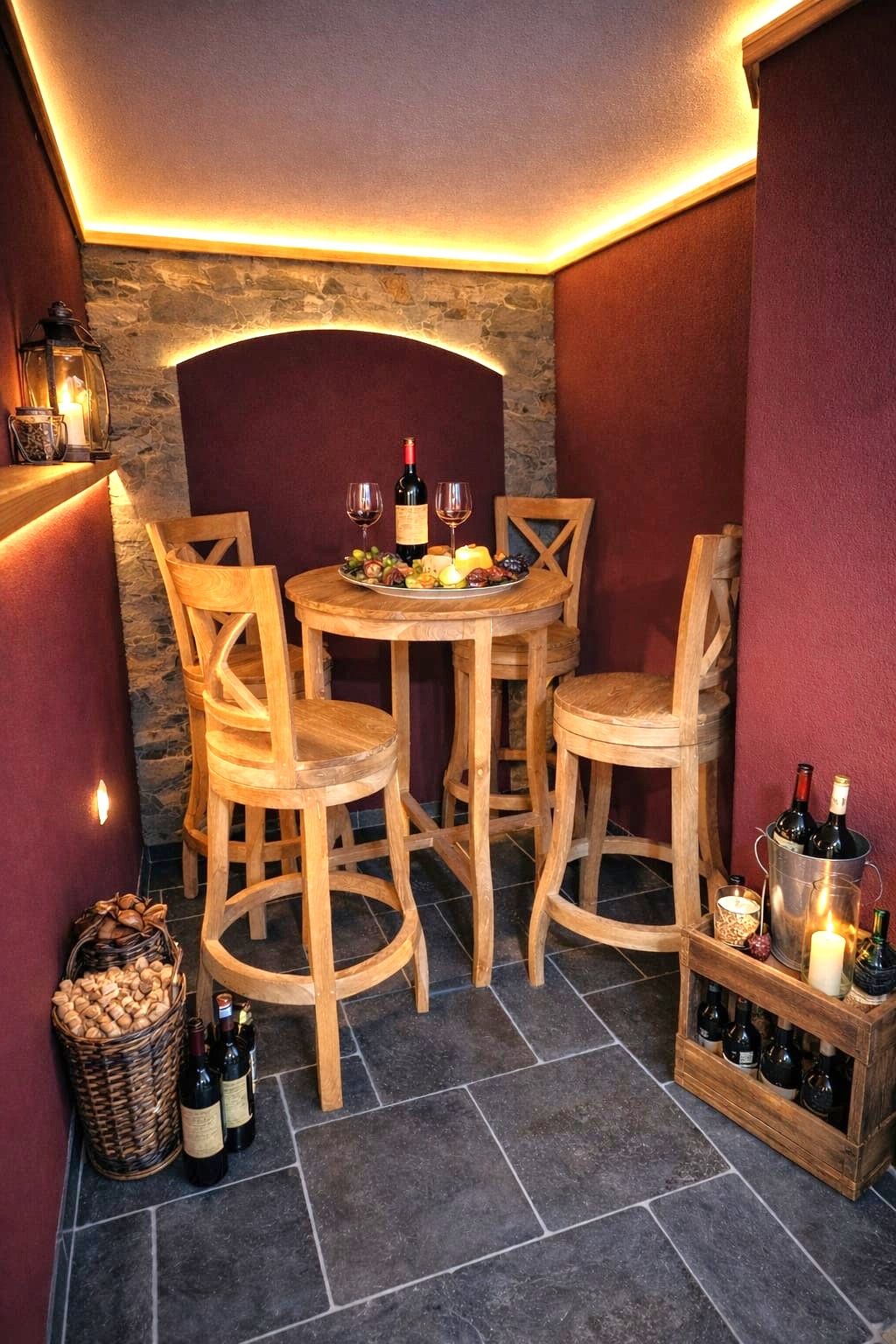 Gemütlicher Weinkeller mit Holztisch und Stühlen, Weinflaschen, Gläsern und Kerzen.