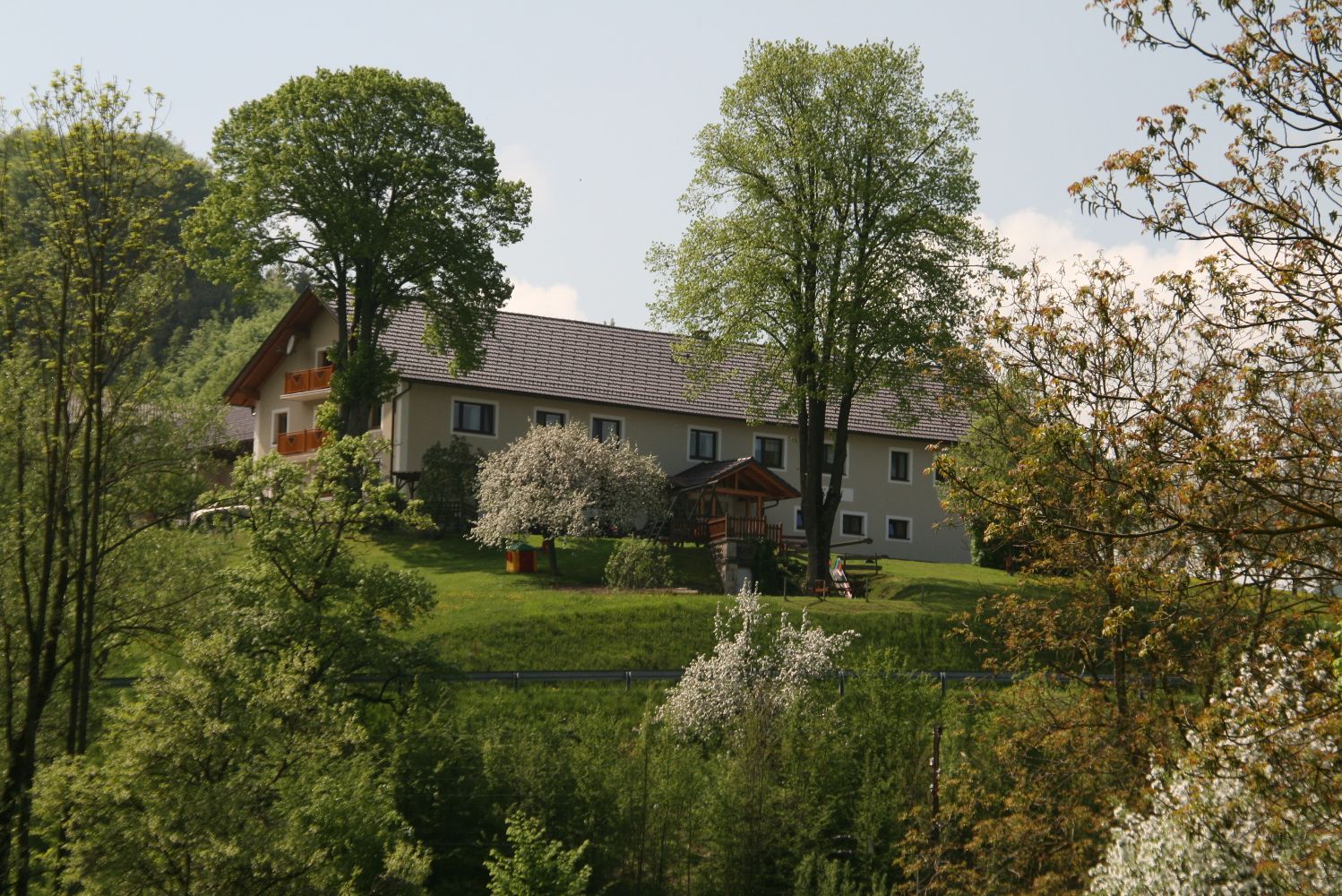 Ein Bauernhof auf einem grünen Hügel, umgeben von Bäumen und blühenden Sträuchern.