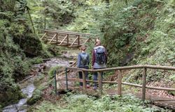 Ein malerischer Wanderweg schlängelt sich entlang des glitzernden Wassers, umgeben von üppigem Grün und dem sanften Rauschen der Kogler Wasserfälle. Die frische Bergluft und das Plätschern des Wassers schaffen eine entspannende Atmosphäre, die zum Verweilen einlädt.