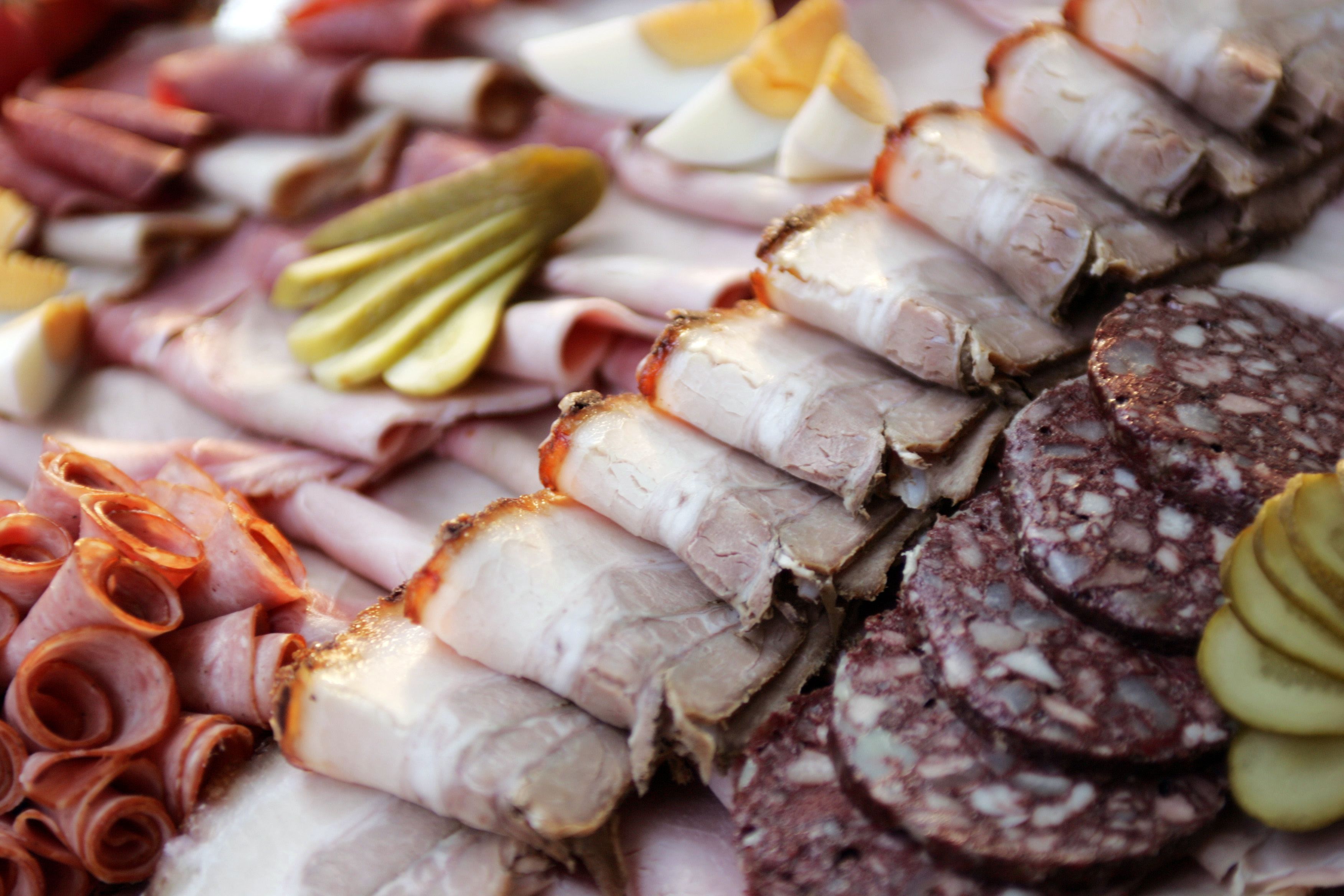 Verschiedene Wurst- und Fleischsorten auf einem Teller angerichtet.