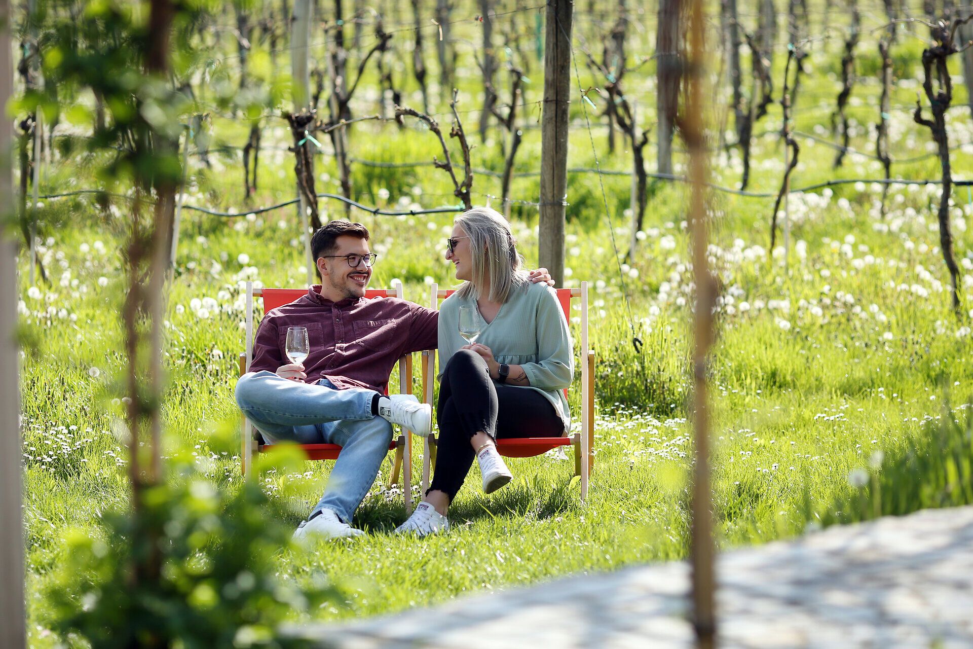 Inmitten der sanften Hügel und üppigen Weinreben genießen ein Paar den warmen Sonnenschein und die köstlichen Weine der Region. Die entspannte Atmosphäre und die malerische Landschaft laden dazu ein, die Seele baumeln zu lassen und die Schönheit des Weinfrühlings zu erleben.