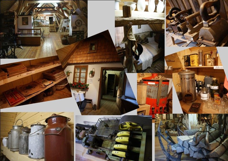 Collage von Objekten in einem Heimatmuseum, darunter alte Haushaltsgegenstände, Werkzeuge und Möbel.