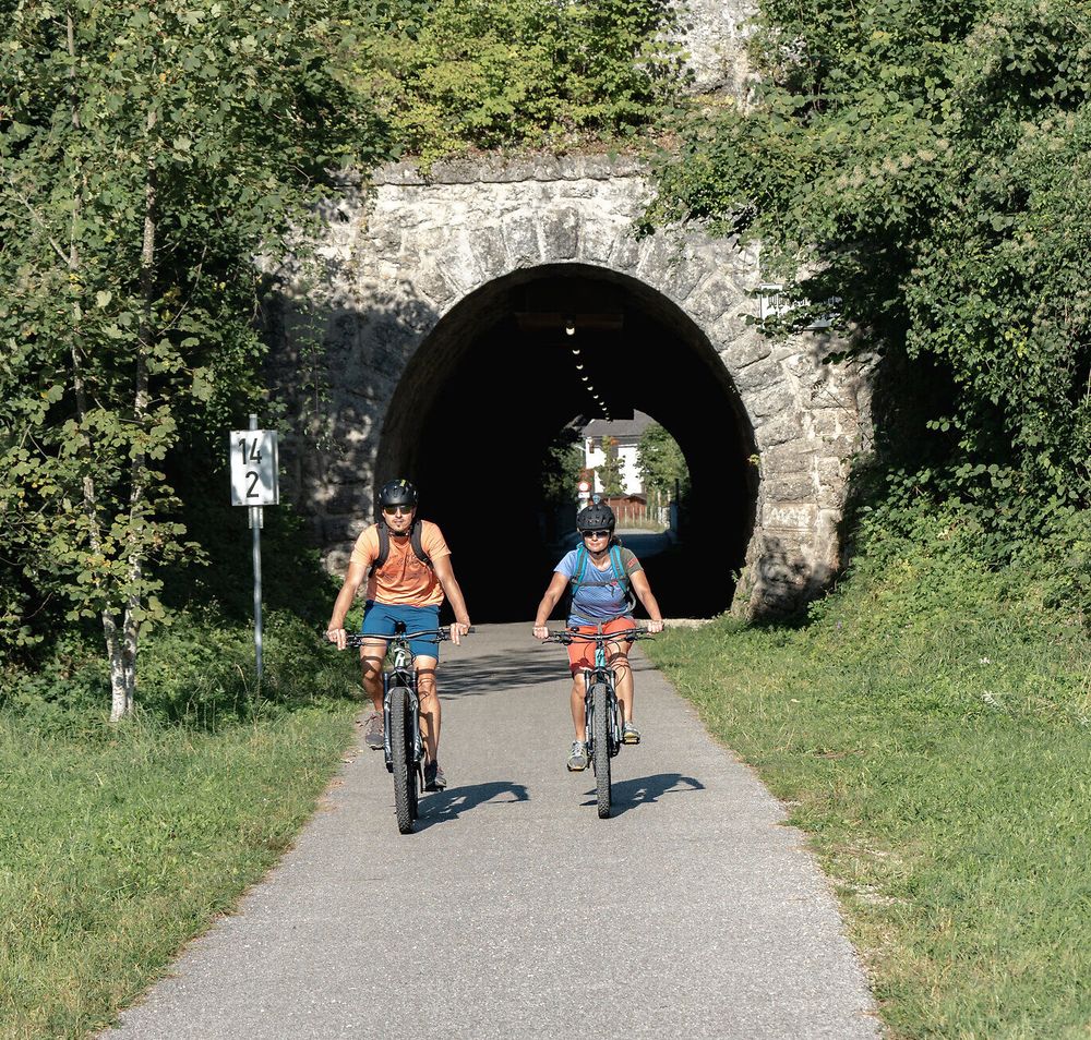 Zwei Radfahrer genießen die frische Luft und die malerische Umgebung der Ybbstaler Alpen, während sie durch einen schattigen Tunnel radeln. Die üppige Vegetation und die sanften Hügel schaffen eine einladende Atmosphäre für Abenteuerlustige und Naturliebhaber.