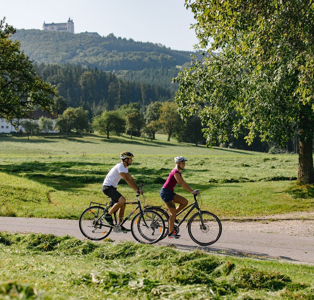 Ein Paar radelt entspannt durch die malerische Landschaft, umgeben von saftigem Grün und sanften Hügeln. Die frische Bergluft und die strahlende Sonne schaffen eine perfekte Atmosphäre für einen aktiven Tag in der Natur. Die idyllische Umgebung lädt dazu ein, die Schönheit der Region zu entdecken und die Seele baumeln zu lassen.