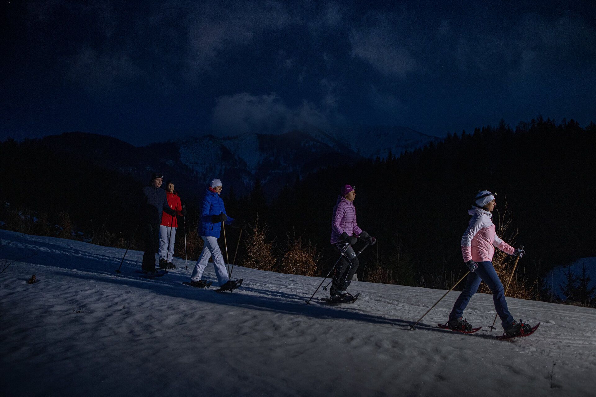 Im sanften Licht des Mondes gleiten Wanderer durch die verschneite Winterlandschaft, während die Stille der Nacht eine friedliche Atmosphäre schafft. Die schneebedeckten Bäume und der glitzernde Schnee unter den Schneeschuhen laden zu einem unvergesslichen Abenteuer ein.