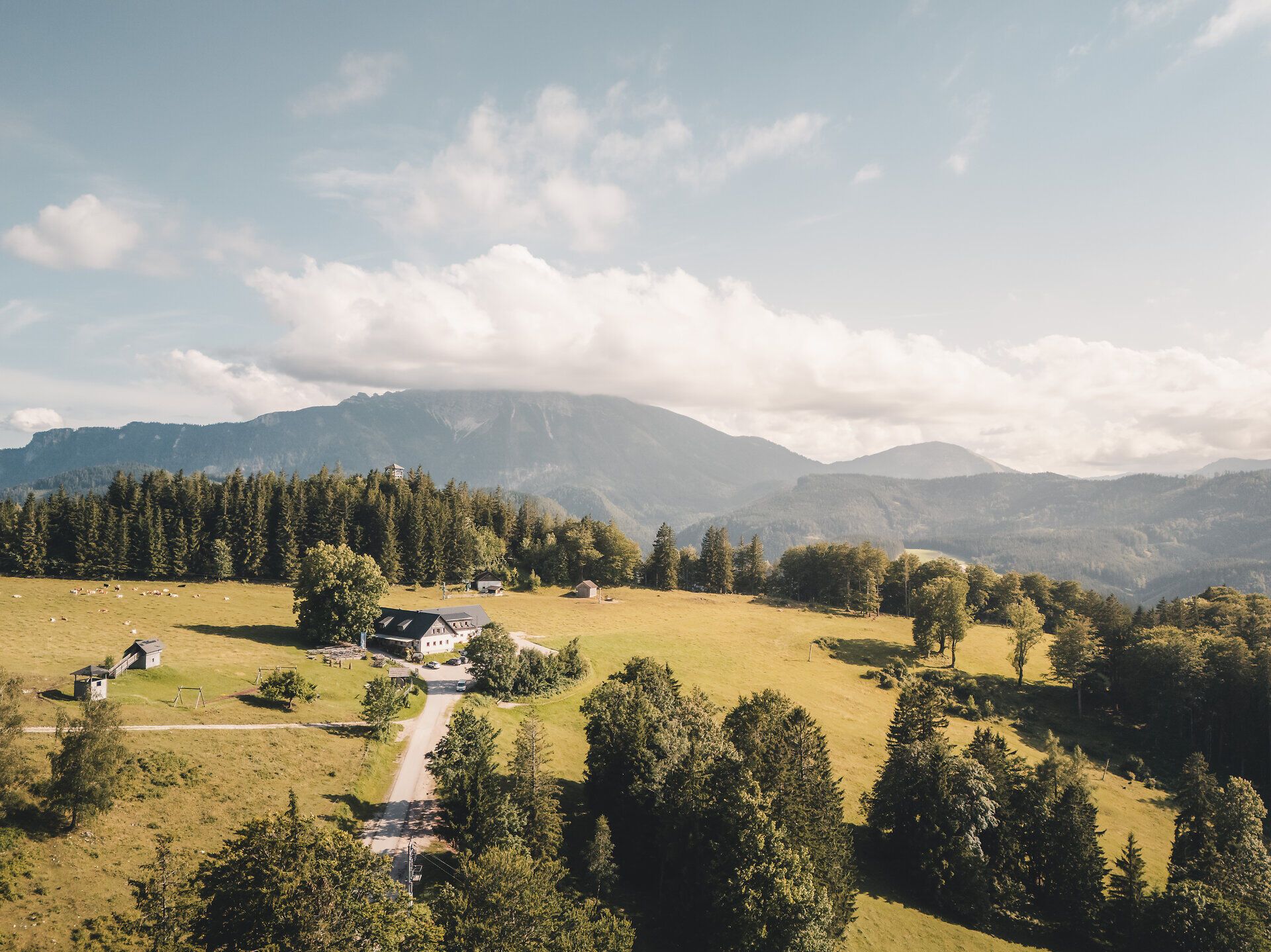 Das Hochbärneck-Gebäude liegt idyllisch inmitten der Mostviertler Berglandschaft. Ein beliebtes Ausflugsziel mit herrlichem Panoramablick über Wälder und Wiesen.