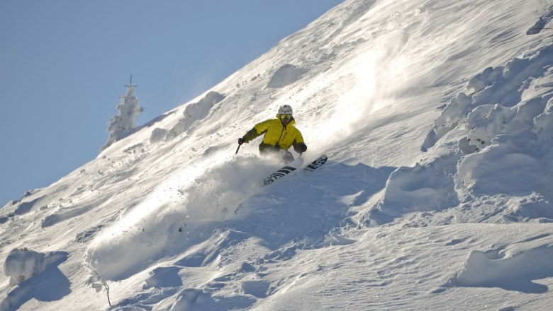 Ein Skifahrer in gelber Jacke fährt eine verschneite Piste hinunter.