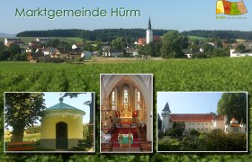 Panorama der Marktgemeinde Hürm mit Kirche und Landschaft, darunter drei Detailbilder von Kapelle, Kircheninnenraum und Schloss.