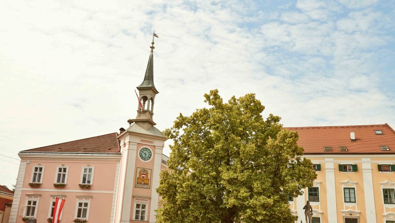 Hauptplatz von Ybbs mit Rathaus und Baum.
