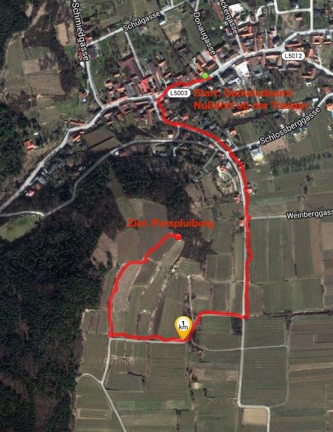 Satellitenbild mit markierter Route in einer ländlichen Gegend.