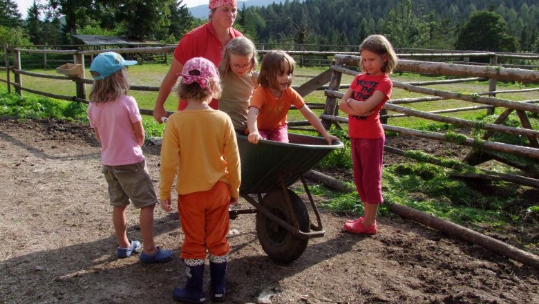 Children playing with a wheelbarrow on a farm.