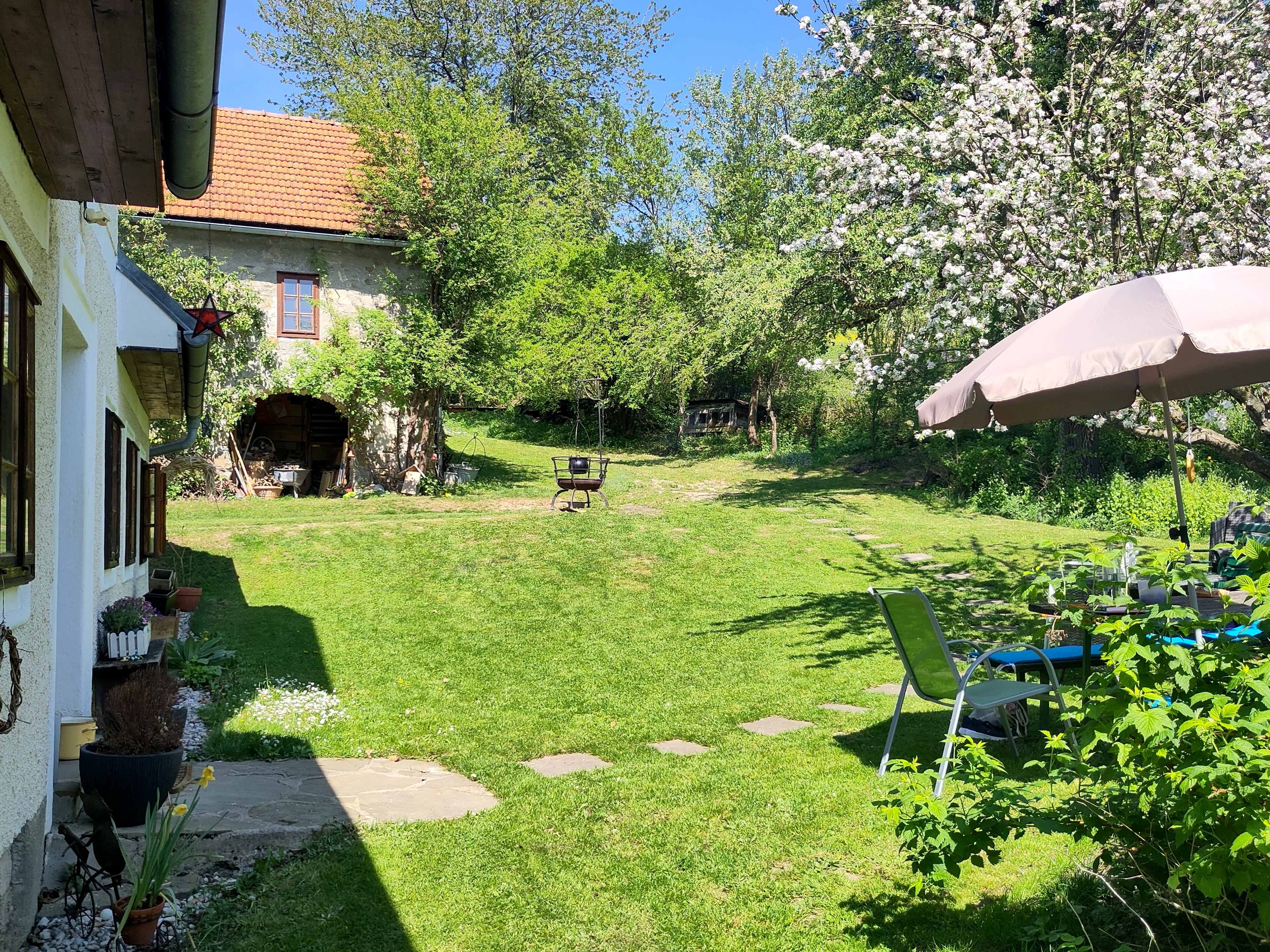 Ein grüner Garten mit blühenden Bäumen, einem Sonnenschirm und einem alten Gebäude im Hintergrund.