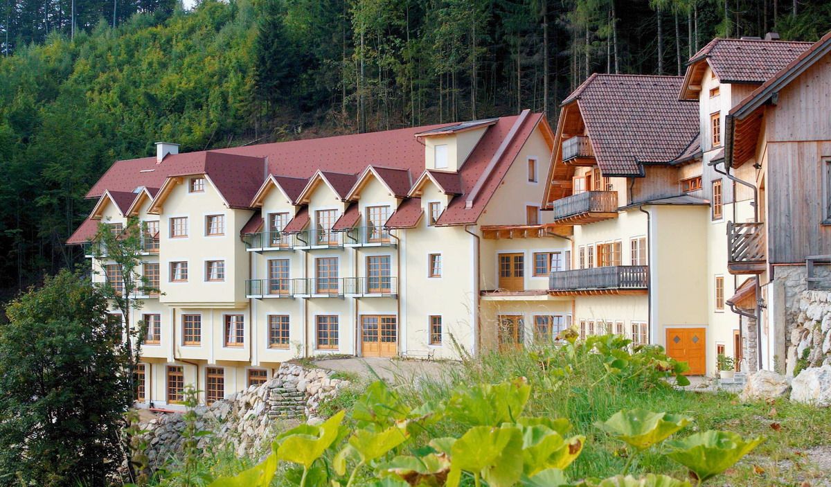 Ein großes, mehrstöckiges Gebäude mit roten Dächern und Balkonen, umgeben von Wald.