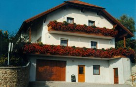 Ein zweist&ouml;ckiges G&auml;stehaus mit roten Blumen auf den Balkonen.