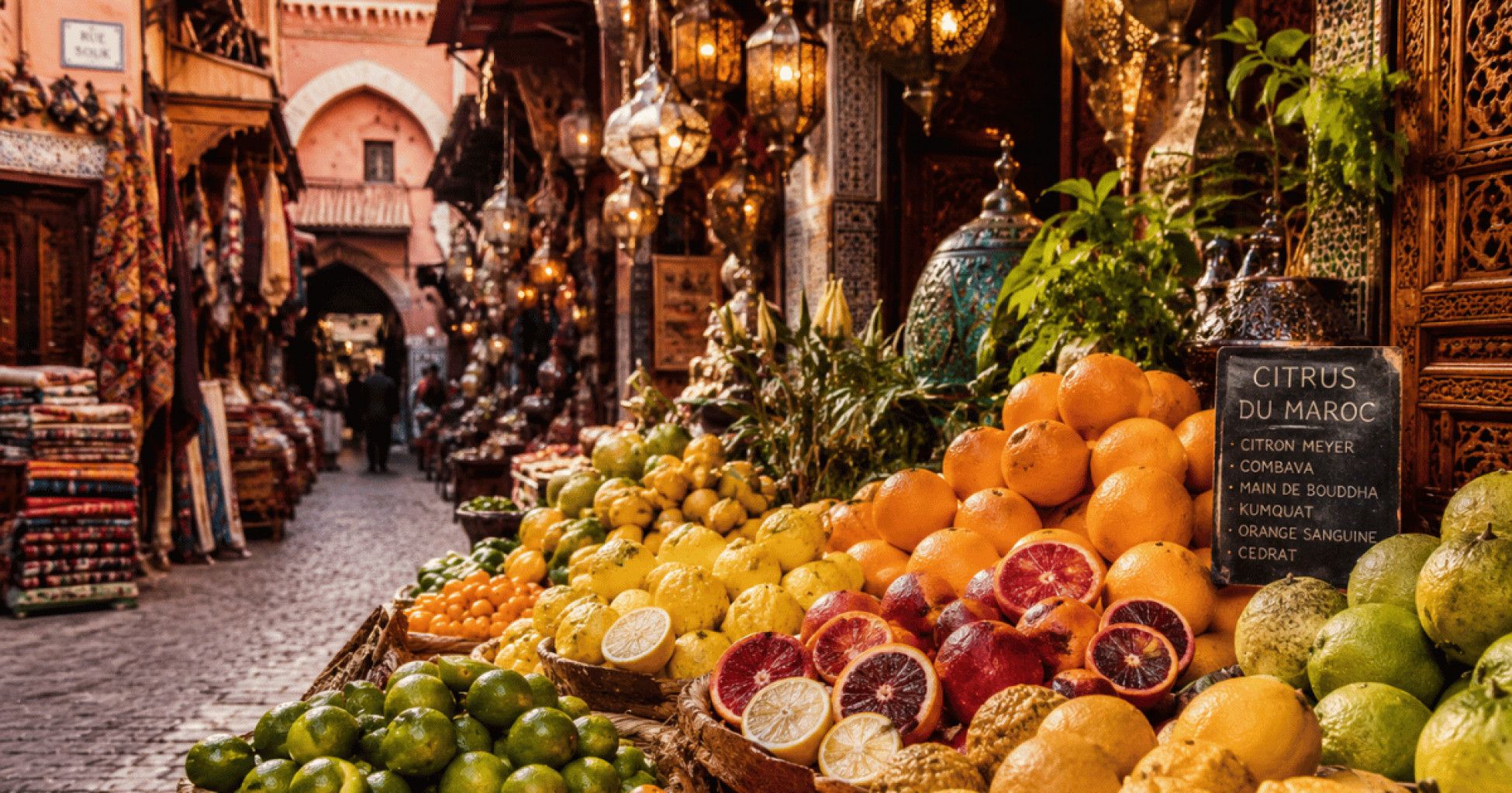 Orientalischer Souk in Marrakesch mit Laternen, Zitrusfrüchten und marokkanischer Architektur.