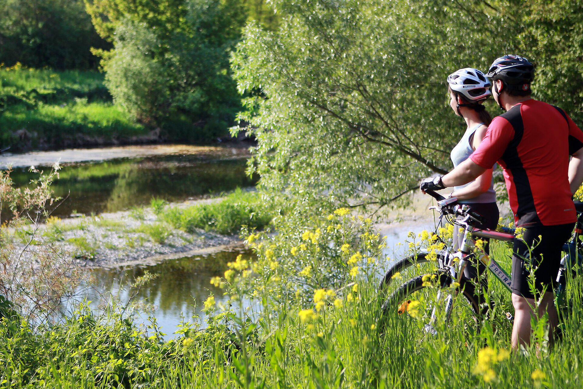 Inmitten der üppigen Natur genießen Radfahrer die Ruhe am Ufer eines glitzernden Gewässers. Die sanften Hügel und blühenden Wiesen laden zu einer erholsamen Pause ein, während die frische Luft die Sinne belebt. Ein perfekter Ort, um die Schönheit des Mostviertels zu erleben.