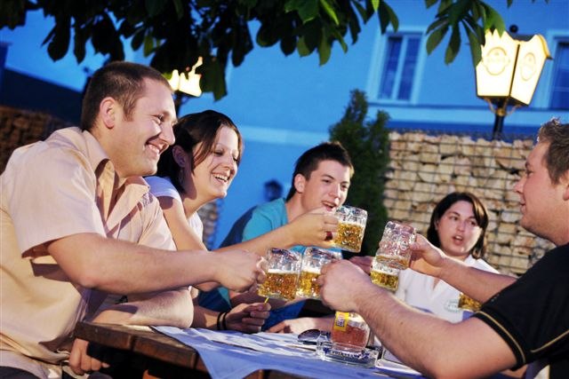 Group of people clinking glasses of beer outdoors.