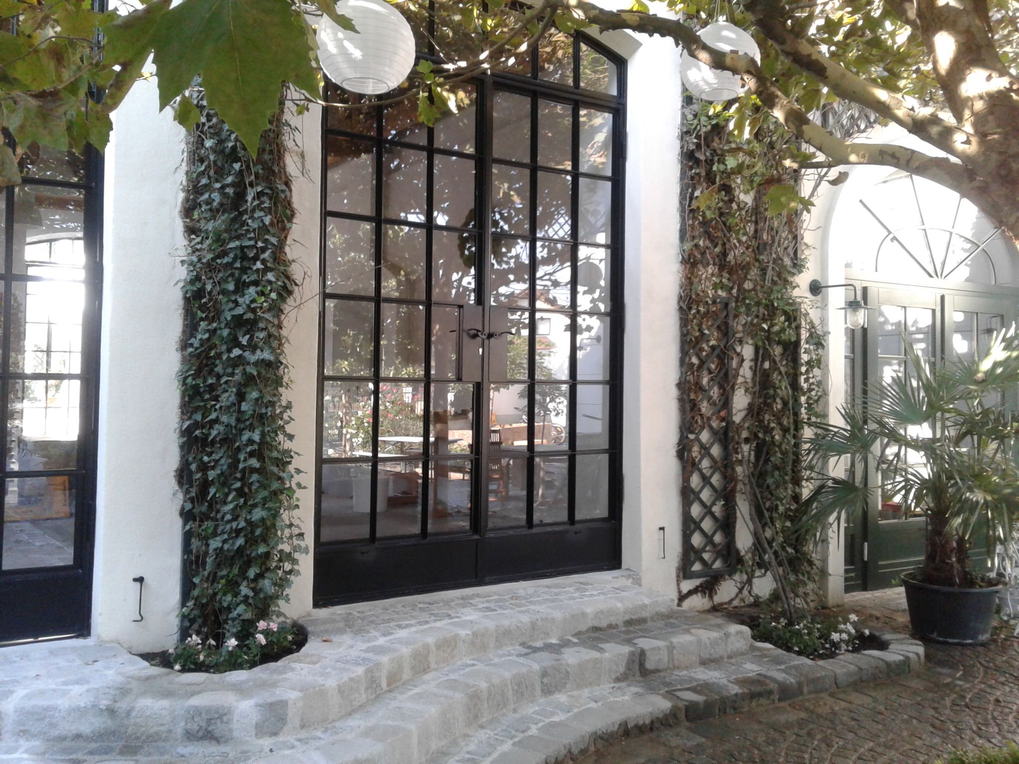Eingangsbereich mit großen Glasfenstern, Efeu und Pflastersteinen.