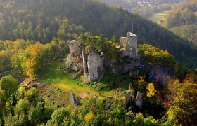 Luftaufnahme der Burgruine Rabenstein umgeben von Wald im Herbst.