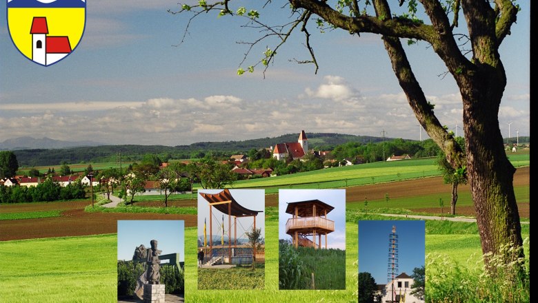 Landschaft mit Kirche und Baum im Vordergrund, mehrere kleine Bilder von Sehenswürdigkeiten eingeblendet.