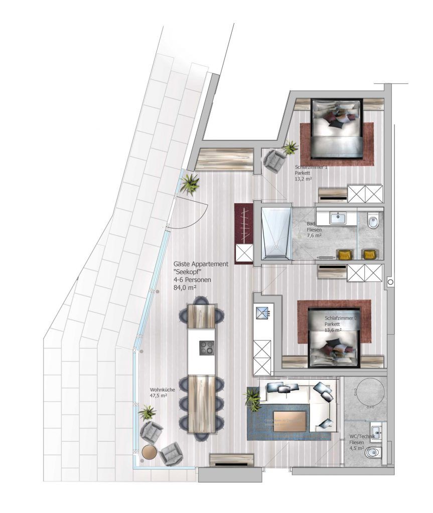 Grundriss des Apartments Seekopf im Haus am See mit zwei Schlafzimmern, Wohnküche und Bad.