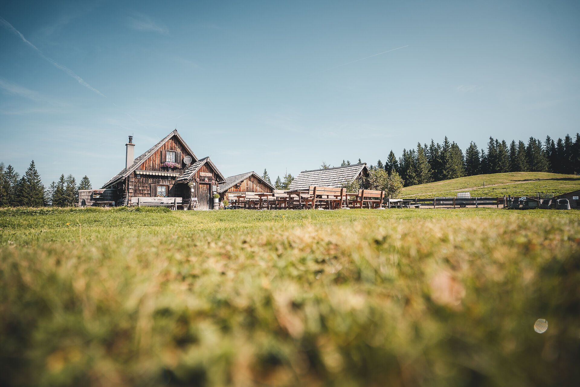Traditionelle Almhütte vor blauem Himmel auf der Siebenhütten-Alm bei Göstling an der Ybbs.