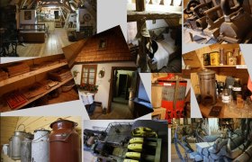 Collage of objects in a local history museum, including old household items, tools and furniture.