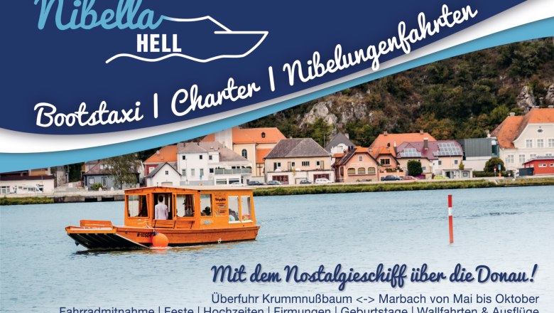 Werbung f&uuml;r Nibella Hell Bootstaxi und Charter auf der Donau.