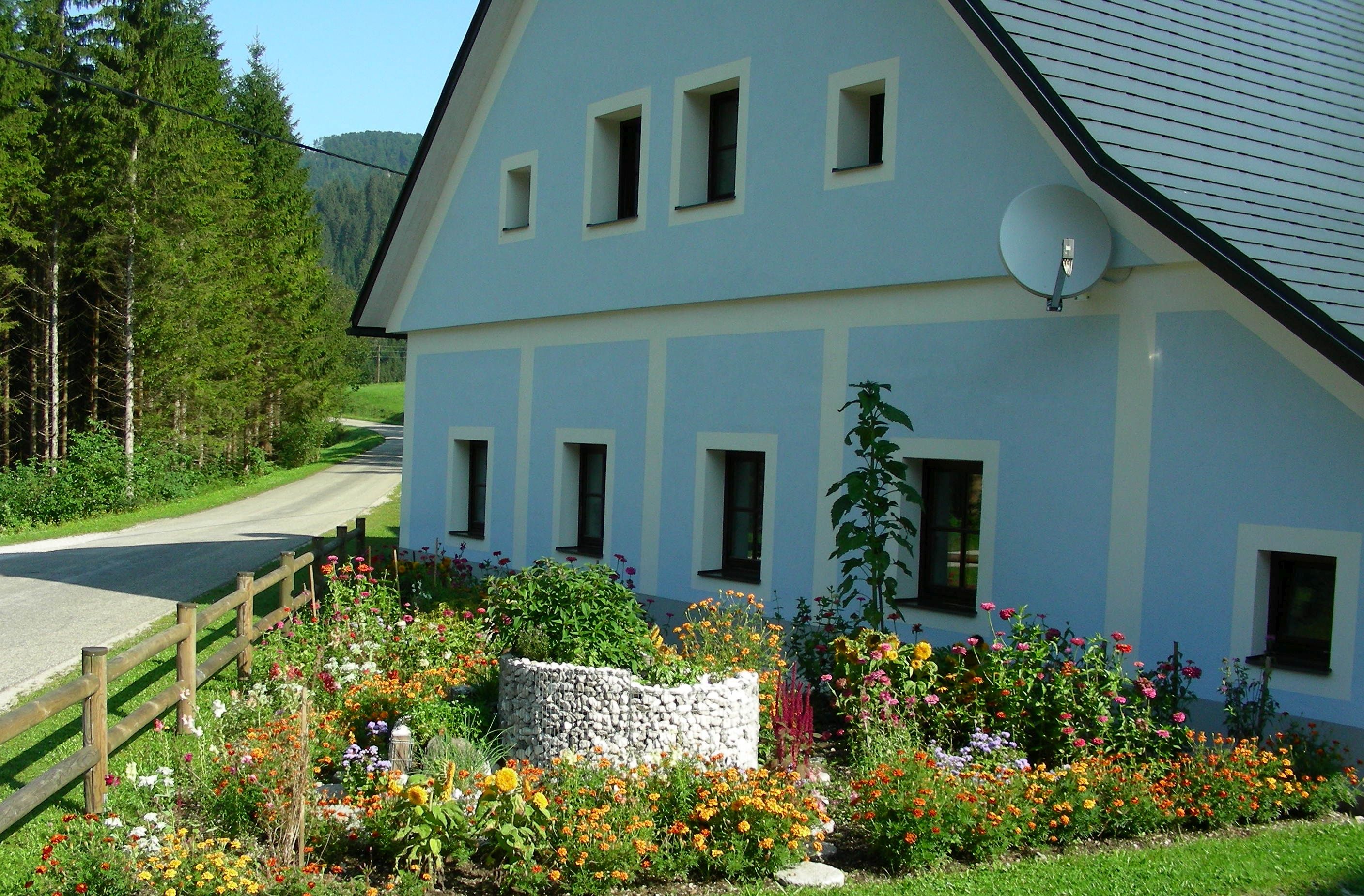 Vorgarten mit bunten Blumen und Kräutern vor einem blauen Haus mit weißen Fensterrahmen.