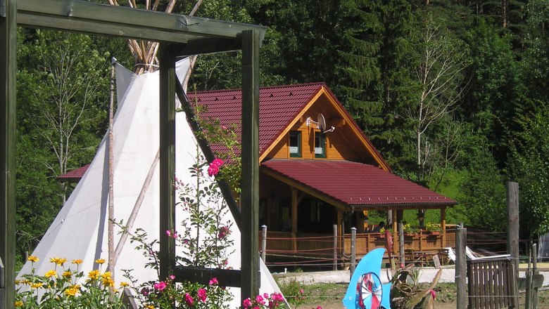 Ein Holzhaus mit rotem Dach, ein Tipi und bunte Blumen im Vordergrund, umgeben von Bäumen.
