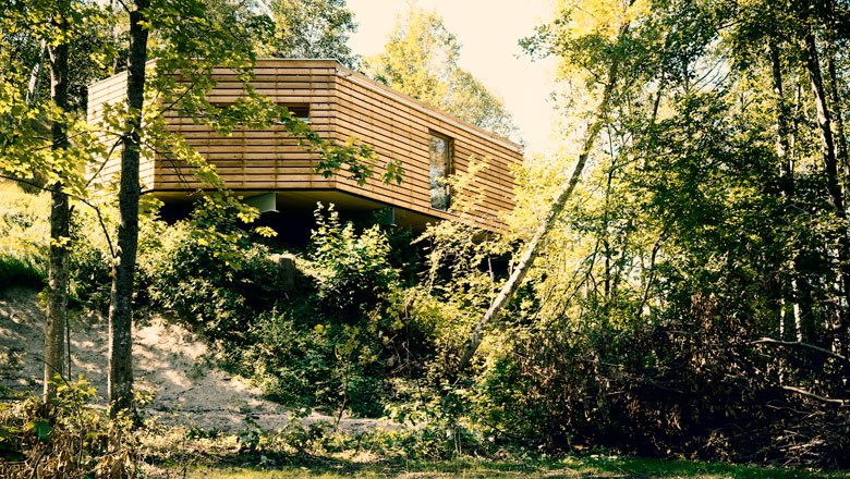 Modern wooden house on stilts in a wooded area.