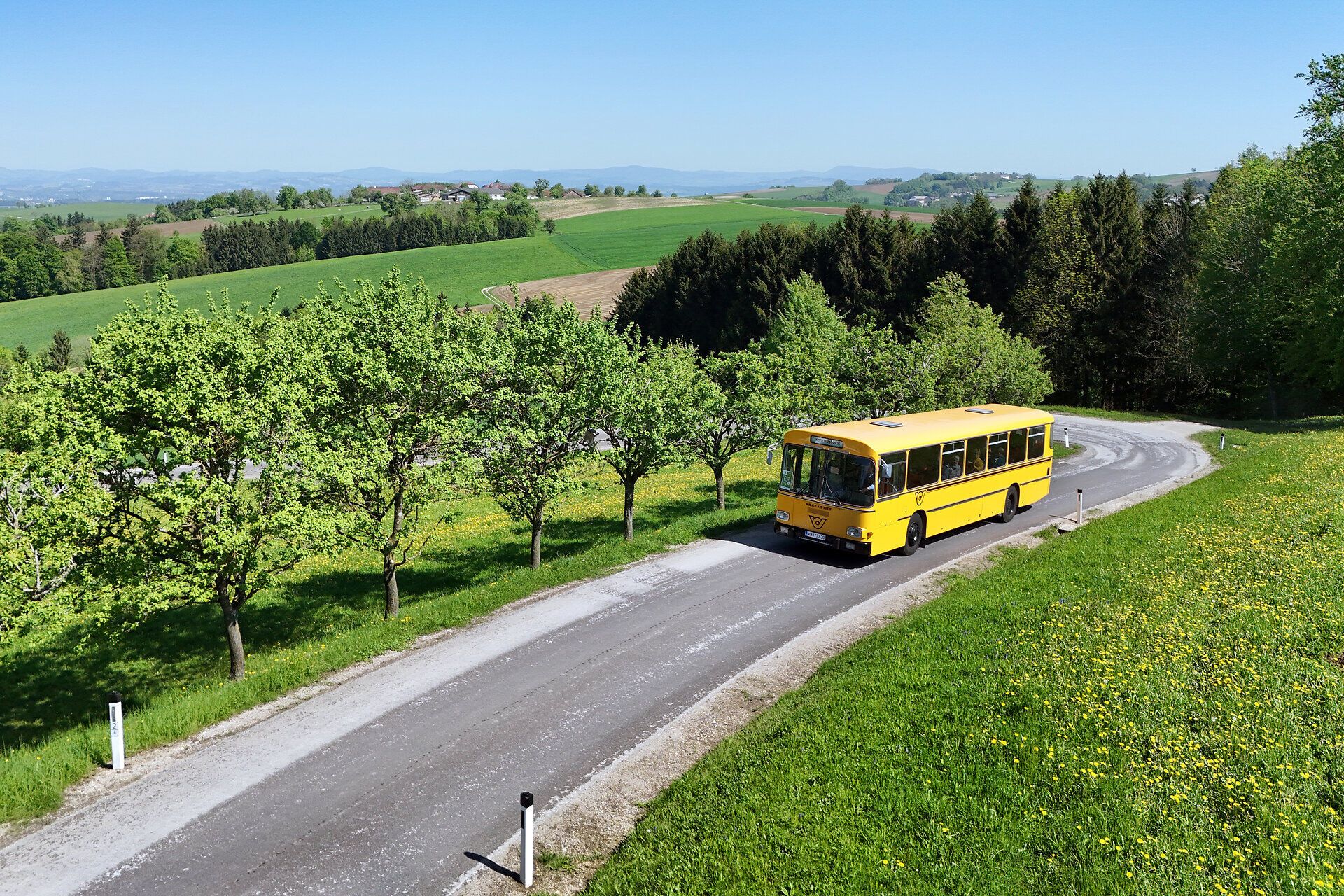 Die sanften Hügel des Mostviertels erblühen in voller Pracht, während die Birnbäume in voller Blüte stehen. Ein gelber Bus schlängelt sich durch die malerische Landschaft und lädt dazu ein, die Schönheit der Region zu entdecken. Hier, wo die Tradition des Mostes lebendig ist, wird jeder Ausblick zum Genuss.