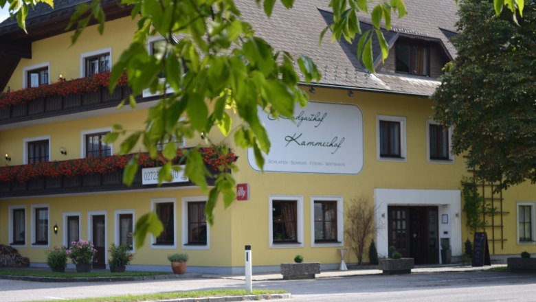 Landgasthof Kammerhof, © zVg Landgasthof Kammerhof Gelbes Gebäude mit Schild 'Landgasthof Kammerhof', Blumenkästen und Bäumen im Vordergrund.