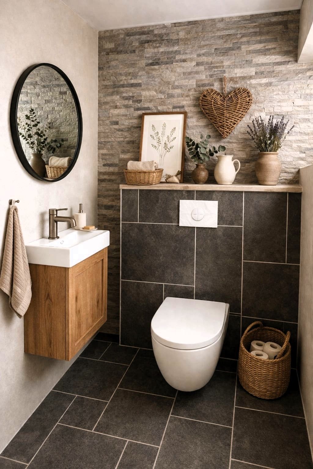 Modernes Badezimmer mit Steinwand, rundem Spiegel, Waschbecken und Dekorationen.