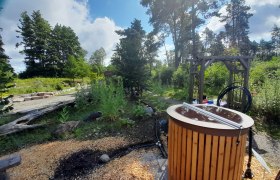 Ein Garten mit einem Holzfass, umgeben von Bäumen und Pflanzen unter einem blauen Himmel.