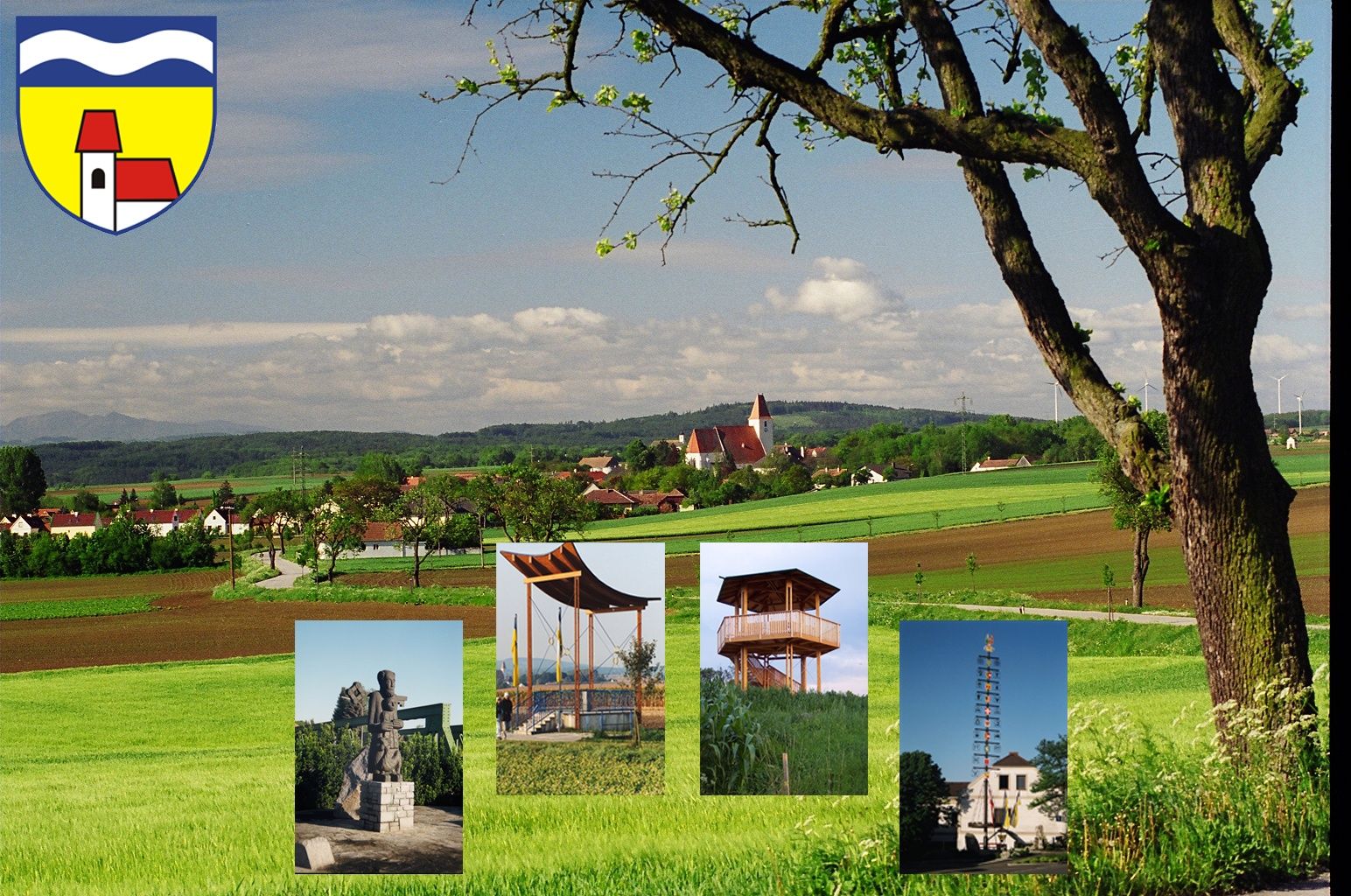 Landschaft mit Kirche und Baum im Vordergrund, mehrere kleine Bilder von Sehenswürdigkeiten eingeblendet.