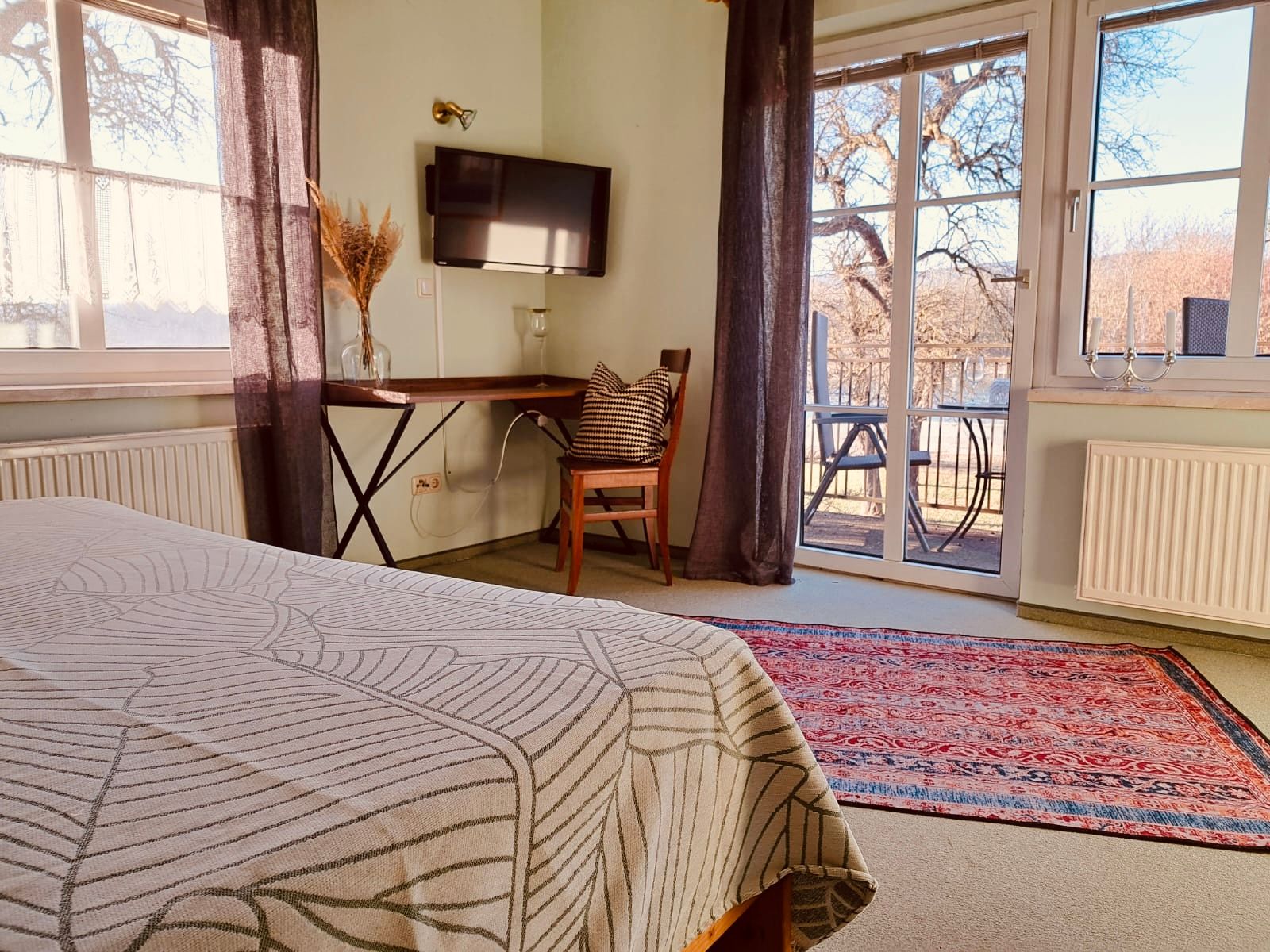 Gemütliches Zimmer mit Bett, Tisch, Stuhl und Fernseher. Große Fenster mit Blick auf Terrasse und Bäume. Teppich auf dem Boden.