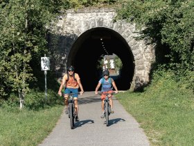 Zwei Radfahrer genie&szlig;en die frische Luft und die malerische Umgebung der Ybbstaler Alpen, w&auml;hrend sie durch einen schattigen Tunnel radeln. Die &uuml;ppige Vegetation und die sanften H&uuml;gel schaffen eine einladende Atmosph&auml;re f&uuml;r Abenteuerlustige und Naturliebhaber.