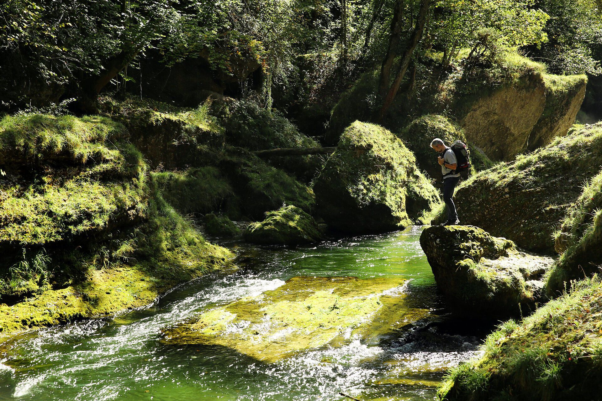 Die sanften Wellen des klaren Wassers plätschern leise über die moosbedeckten Steine, während die üppige Vegetation die Umgebung in ein grünes Paradies verwandelt. Ein Wanderer genießt die friedliche Atmosphäre und die erfrischende Brise, die durch die Bäume weht.