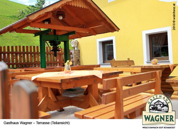 Holzterrasse mit Tischen und Bänken beim Gasthaus Wagner.