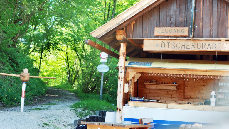 Holzhütte mit Schild 'Ötschergräben' und Waldweg im Hintergrund.