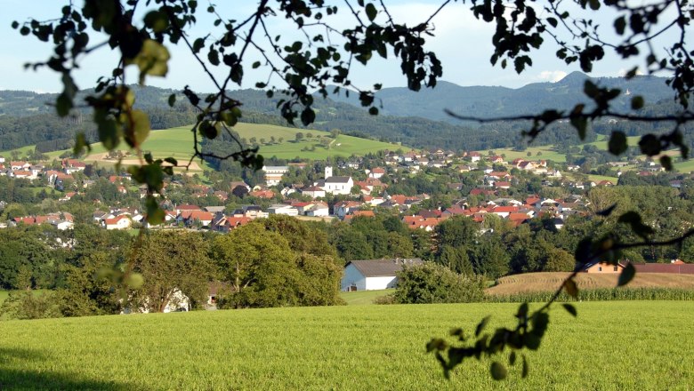 Panorama von Oberndorf an der Melk mit grünen Feldern und Hügeln im Hintergrund.