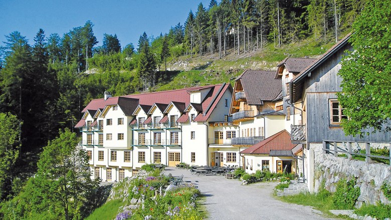 Steinschaler Dörfl, © Steinschaler Naturhotels Ein großes Gebäude mit roten Dächern in einer grünen, bewaldeten Umgebung.