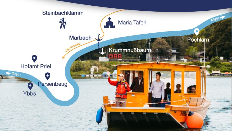 Eine Zille auf einem Fluss mit einer &Uuml;bersichtskarte der Umgebung.