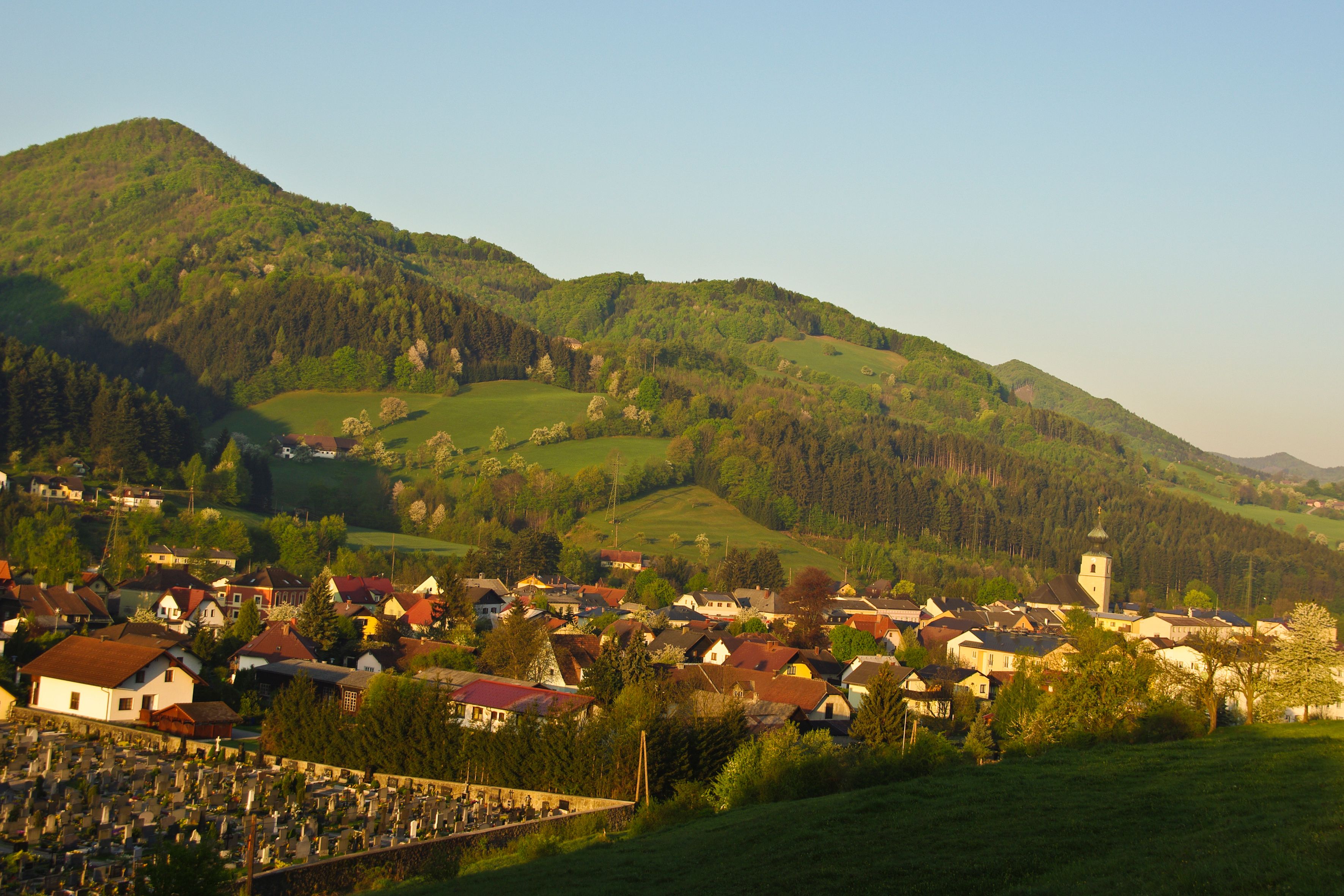 Panorama von St. Veit an der Gölsen mit Kirche und Bergen im Hintergrund.